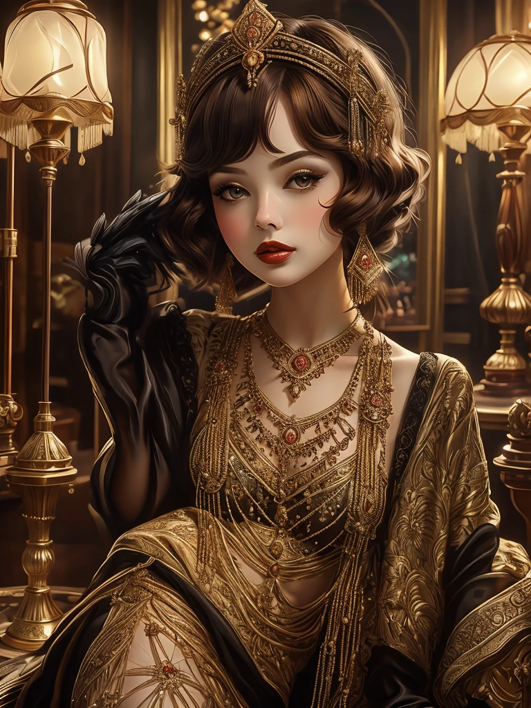 (​masterpiece, Best quality:1.2),extremely beautiful, realisti,xcharleston-Stil, 1 girl, alone, Brown hair, gloves, gown, Hold, brown eyes, jewellery, black gloves, elbow gloves, 项链, Fishnet stockings, Hand fan, realisti, Folding fans