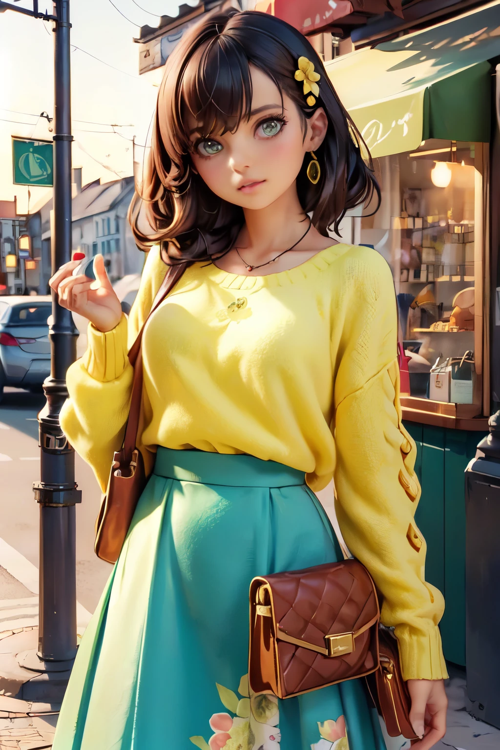 ((masterpiece, Highest quality, Very detailed)), girl, alone, 
Fashion Model, cute female model, Girlish style, Floral green long skirt, Lime Yellow Knit,  Street Corner, cafe at sunset, Soft Light