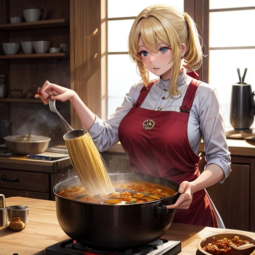 A blonde woman making chanko curry　huge pot