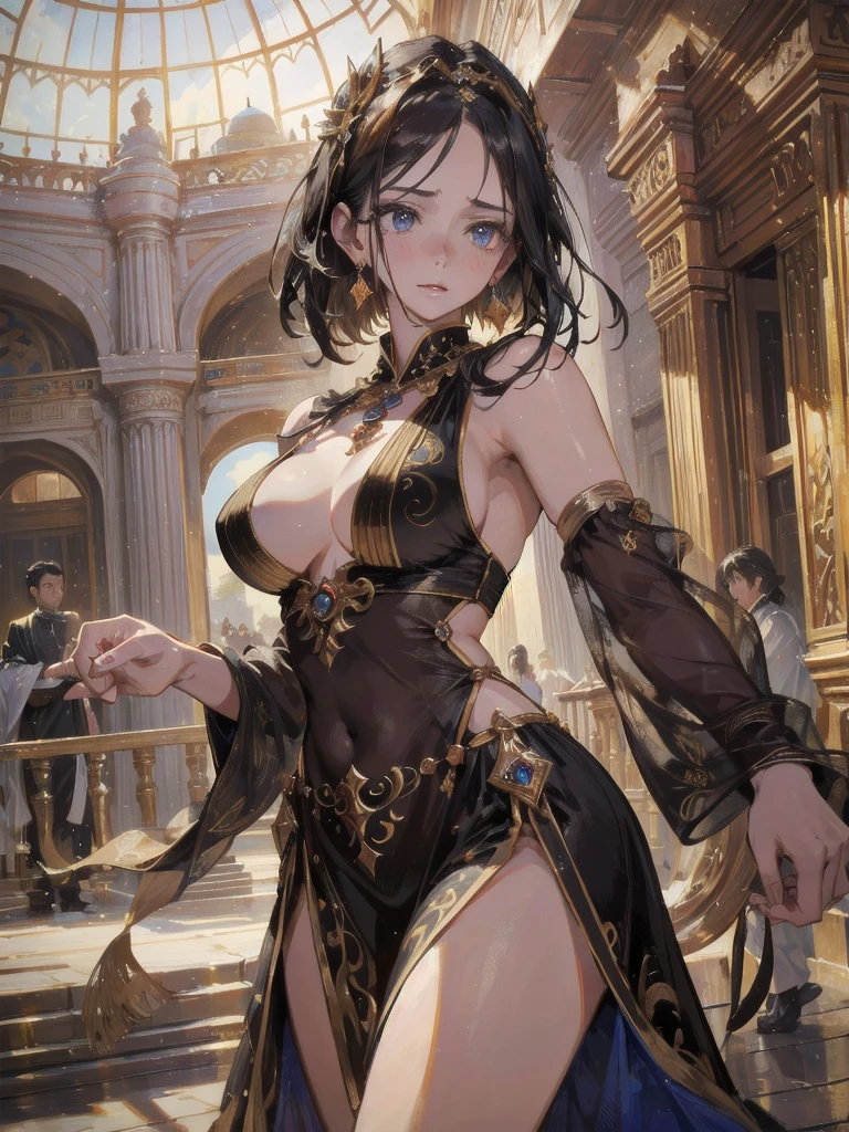 absurdres, RAW photo, extremely delicate and beautiful, masterpiece, Best Quality, ultra high resolution, 32k, hyperrealistic, ultra-detailed, perfect anatomy, anatomically correct, perfect figure, Perfect Style, Perfect balance, super Detailed skin, in her 30s, very Slim body, narrow waist, very small head, very small face, delicate facial features, handsome detailed woman, very detailed eyes and face, realistic face proportions, Realistic beautiful face, Realistic beautiful eyes, tearful mole, earring, huge round tits, whole body shot, medium hair, outdoor, Arabic dancers, Gorgeous dance costumes, (in ancient palace hall:1.2),