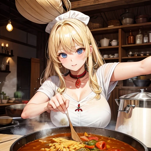 A blonde woman making chanko curry　huge pot