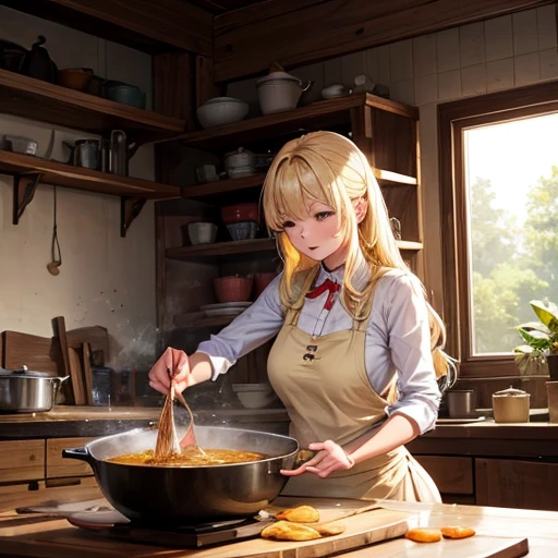 A blonde woman making chanko curry　huge pot