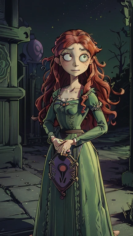 best quality,masterpiece,1girl,solo,(((13years old))),japanese girl,an extremely cute and handsome girl,highly detailed beautiful face and eyes,petit,cute face,lovely face,baby face,shy smile,show teeth, Red hair,long hair,flat chest,skinny,slender,(((wearing a Merida, freckles, green dress, long sleeves, long skirt ,cleavage, wavy hair))),(((standing in Dark Midnight gothichorrorai Disneyland))),she is looking at the viewer,TimBurton Animation style,upper body close up 