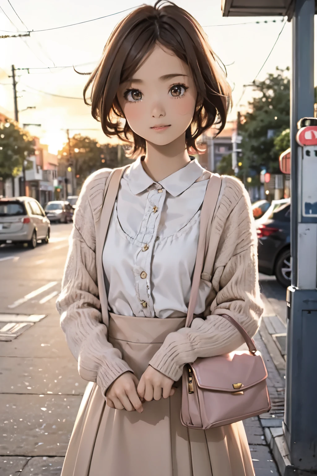 ((masterpiece, Highest quality, Very detailed)), girl, alone, Fashion Model, cute female model, Girlish style, Tulle skirt, pastel colour, Fluffy cardigan, Small handbag, Street Corner, cafe at sunset, Soft Light