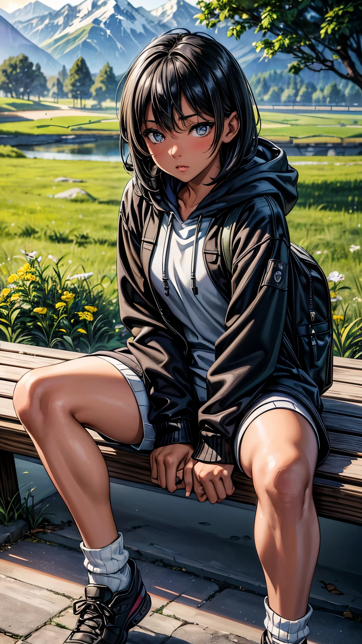((2.0look away),((face close up)),beautiful detailed eyes, beautiful detailed lips, extremely detailed eyes and face, longeyelashes, 1 Japanese girl, outside the countryside,16 years old,((dark skin color2.0)), (very short black hair),displeased,casual ((white Parka/hoodie)),((Five quarter spandex)),((loose socks2.0)),blue sneaker, rucksack, the countryside,sitting on the bench,best quality, 4k, 8k, highres, masterpiece:1.2, ultra-detailed, realistic, photorealistic, photo-realistic:1.37, HDR, UHD, studio lighting, ultra-fine painting, sharp focus, physically-based rendering, extreme detail description, professional, vivid colors, bokeh, portraits