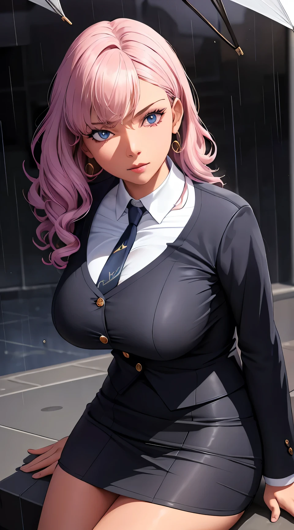 (best quality:1.5, highres, UHD, 4K, detailed lighting, shaders), white curly haired, gradient hair, large breasts, perfect eyes,perfect fingers, realistic ringers, suit, gray shirt, social shirt, short skirt, mature woman , (pov), white background, colorful eyeshadow, dramatic lighting, sparkling eyes, sensual expression, golden earrings, delicate facial features, dark skin, high cheekbones, raining, urban setting, white background, dont look for the camera, lean forward, wet by the rain.