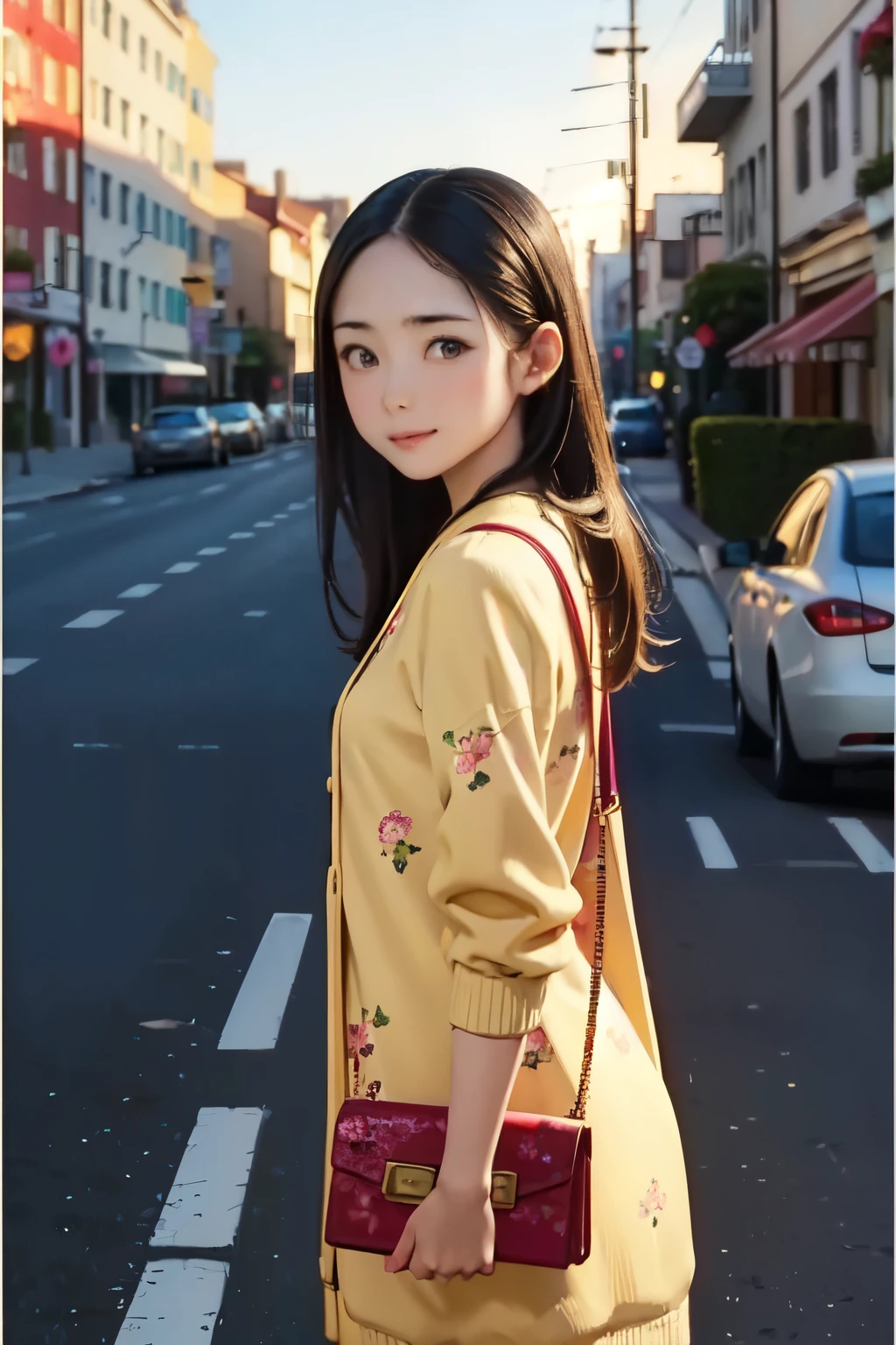 ((masterpiece, Highest quality, Very detailed)), girl, alone, Fashion Model, cute female model, Girlish style, Floral print dress, Yellow Long Cardigan, Small handbag, Street Corner, cafe at sunset, Soft Light