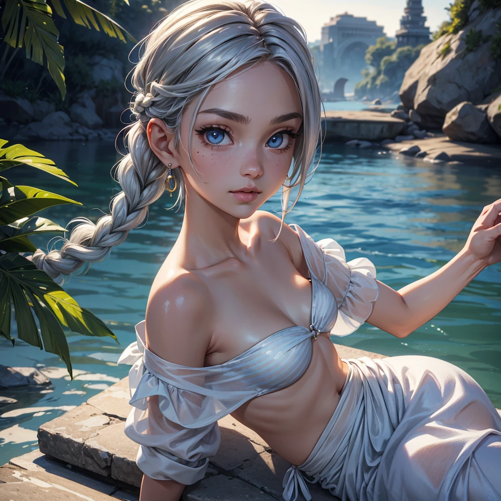 (best quality, masterpiece:1.2), ultra high res, realistic, front lighting, intricate detail,xtures, 1girl, solo ,(young), face highlight, upper body, detailed face, tear mole, white skin, silver hair, ponytail, braid hair, looking at viewer, big eyes, silk robe, blue stripe bikini,earrings, small breasts, slim body, natural lighting, photon mapping, radiosity, physically-based rendering,waterfront background