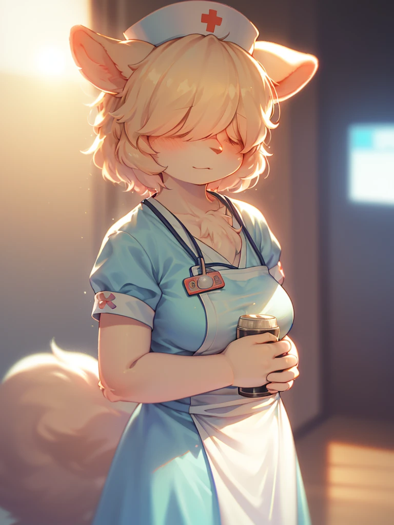 (Sumilux f1.4 50mm , low Latitude old color negative film , cross process , bokeh, flare, chromatic aberration , soft focus, (Shallow focus) , soft glow , Maximum aperture, High Key , Transparent depiction) , sheep mom nurse , hair over eyes , in the hospital , Nursing uniform , Urine collection assistance , and patient