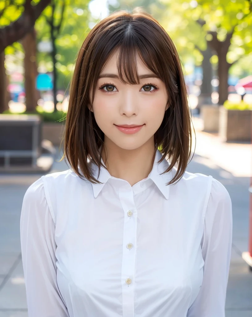 Highest quality, Realistic, 8k, High resolution, Full Color, One girl, woman, 20 years old woman, (smile), (Skin Dentition), (Portraiture:0.6), wood, Park bench, Dawn, ((Park Background:1.52)), Full Color, View your viewers:1.8, (One girl eyes View your viewers:1.55), (Medium Hair, Brown Hair, Parted bangs:1.45), (Bokeh), Large Breasts, Big nipples,whole body,Completely naked,
