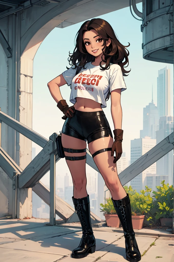 green solid background, 1 woman, best quality, ultra high res, straight hair, full lips, black hair, brown eyes, filipina, biker shorts, cropped white t-shirt, short sleeves, smiling at viewers, wearing brown gloves, wearing black combat boots, double D breast, standing, full body