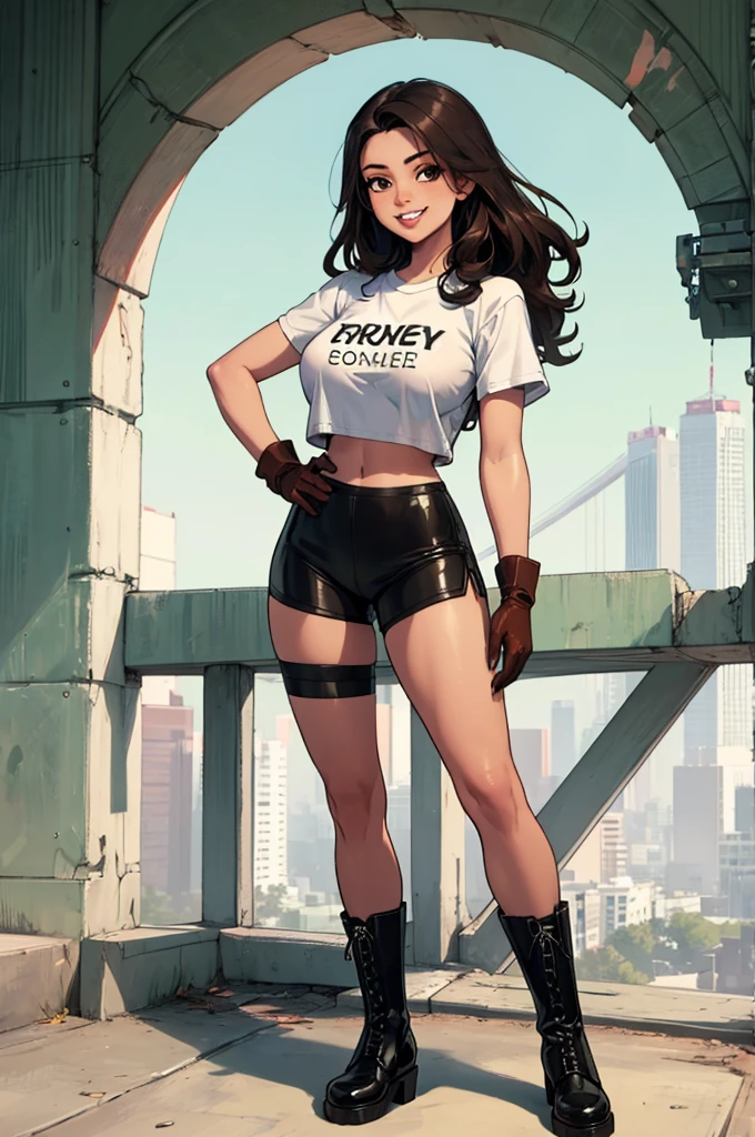 green solid background, 1 woman, best quality, ultra high res, straight hair, full lips, black hair, brown eyes, filipina,  biker shorts, cropped white t-shirt, short sleeves, smiling at viewers, wearing brown gloves, wearing black combat boots, double D breast, standing, full body