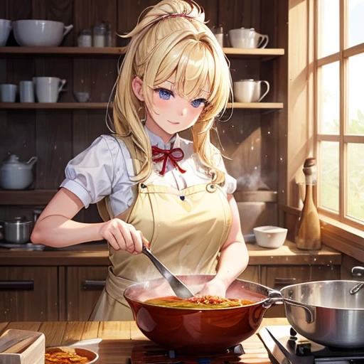 A blonde woman making chanko curry huge pot