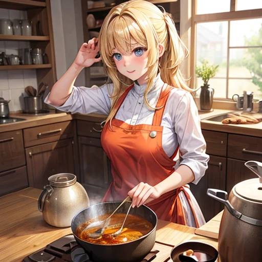 A blonde woman making chanko curry　huge pot
