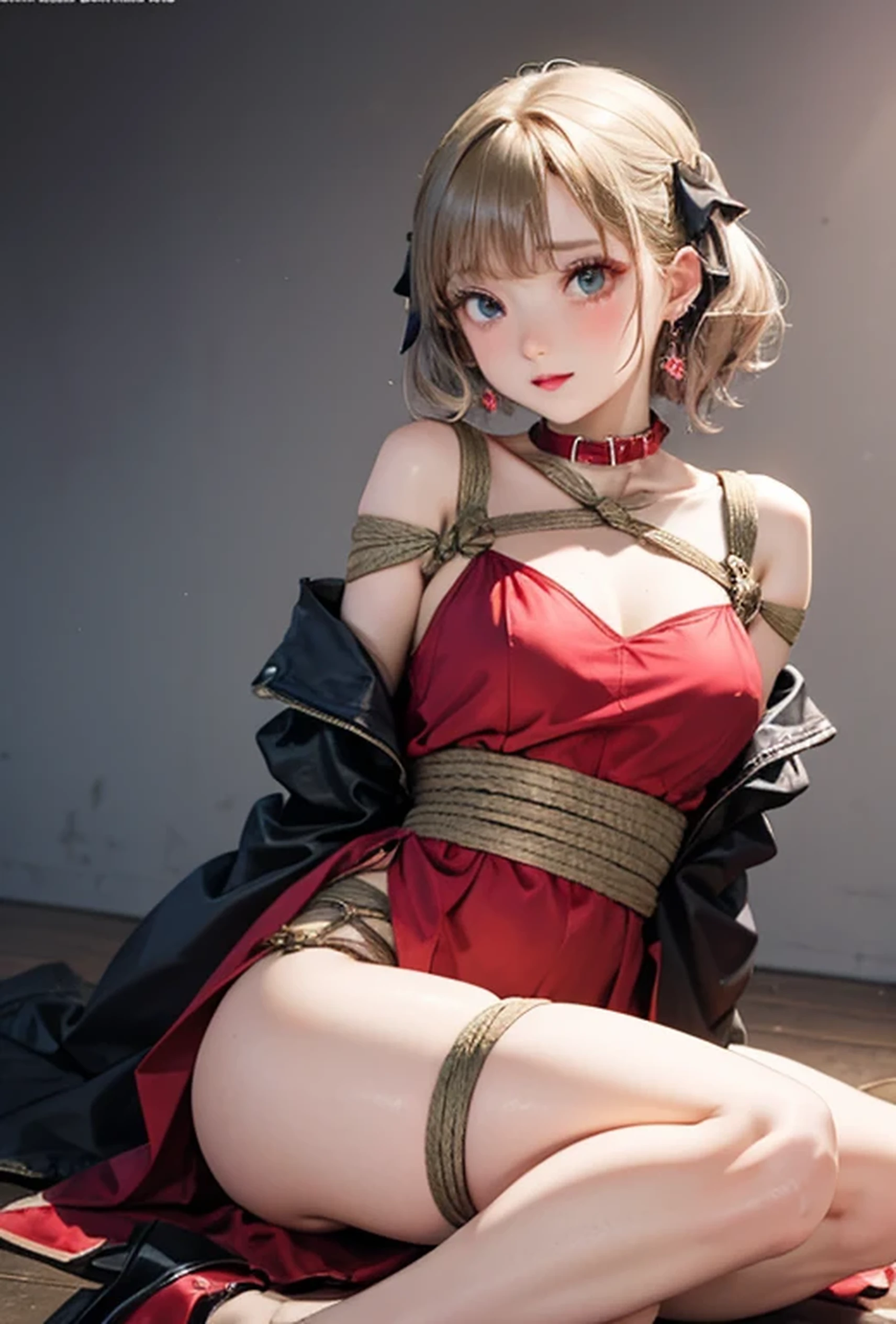(Super detailed、Ultra-high resolution、8K masterpiece、Vibrant colors)、((Flat Color))、summer、coastal、
A masochistic woman in bondage、(bottomless)、(Soryu Asuka Langley)、(Angle from below）、Random Sexy Poses、
(Red Animal Collar)、(Embarrassing、blush)、(ヘンタイロープBondage、Bondage)、(((suspension：1.8)))、Binding：1.2、Leaning forward、((Put your arms behind your back：1.6))、Chest rope、Leg rope、 (Twin tails、Vermilion, gold and silver hair、hair ornaments、Red lipstick、Earrings)