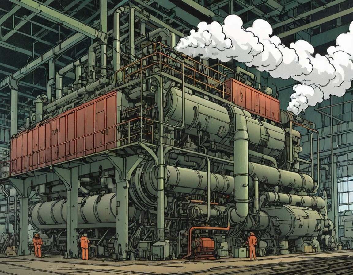 Comic panel illustration of large factory steam machine, akira style