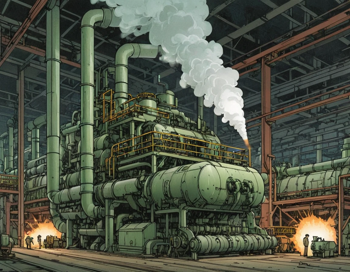 Comic panel illustration of large factory steam machine, akira style