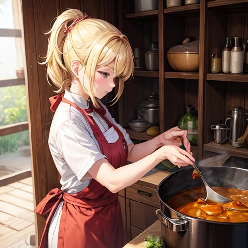 A blonde woman making chanko curry　huge pot