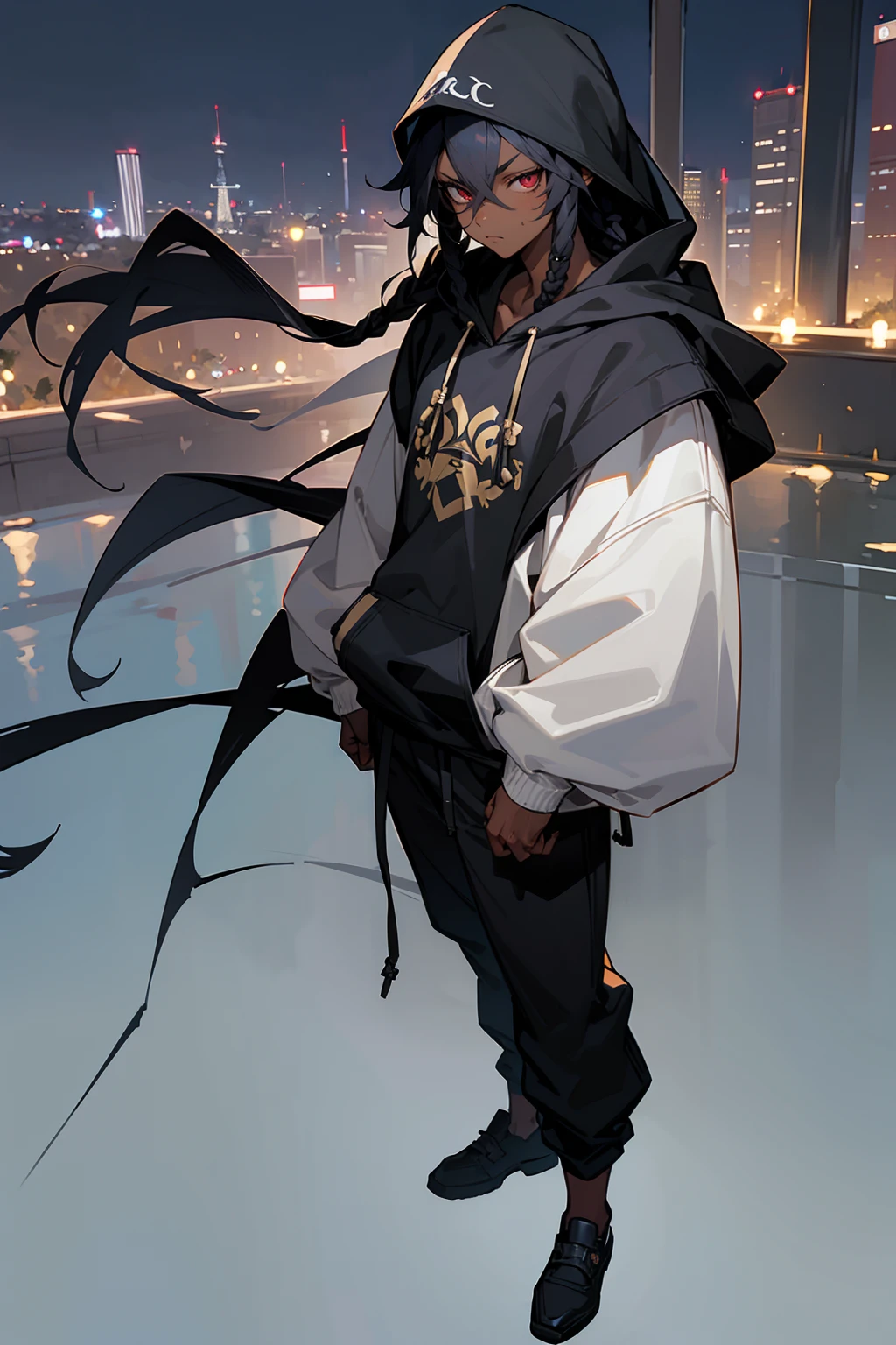 Masterpiece Quality, Perfect Generation, Sclera, Detailed Eyes,Dark Skin, Black Dreads Hair, Muscular, Casual Clothing, Bored Expression, , Night City Background, Full Body, Skin, , , , male, facing viewer, Standing Outside, Eyes, Durag, Sweats, hoodie