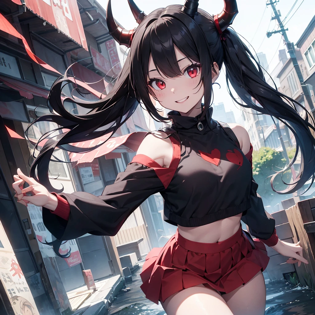 The image shows a female demonic character. She has pale skin, long dark hair, red eyes and horns on the head. She is dressed in a black crop top and red skirt, and has a wide smile on his face.
Physical Characteristics:
 * Skinned: pale
 * hairs: Long and dark
 * eyeballs: reds
 * antlers: in the head
 * outfit: Black crop top and red skirt
 * expression: Wide smile Other characteristics:
 * The character has an evil and dark appearance.
 * She seems to be happy and satisfied.
 * The horns on her head suggest she is a demon or devil..
Interpretation:
The character can be interpreted in different ways. It can be seen as a representation of evil or as a symbol of power.. She can also be seen as a complex character with her own desires and motivations..
context:
The image does not provide any context about the character. We don&#39;t know who she is, Where did you come from or what are you doing?. Without this context, It&#39;s hard to say for sure what the character means.
Possibilities:
The character can be a character in a book, film, electronic game or work of art. It can also be an original image created by an artist.
conclusion:
The female demon character is an intriguing and mysterious image. It can be interpreted in different ways, depending on the context in which it is viewed.
