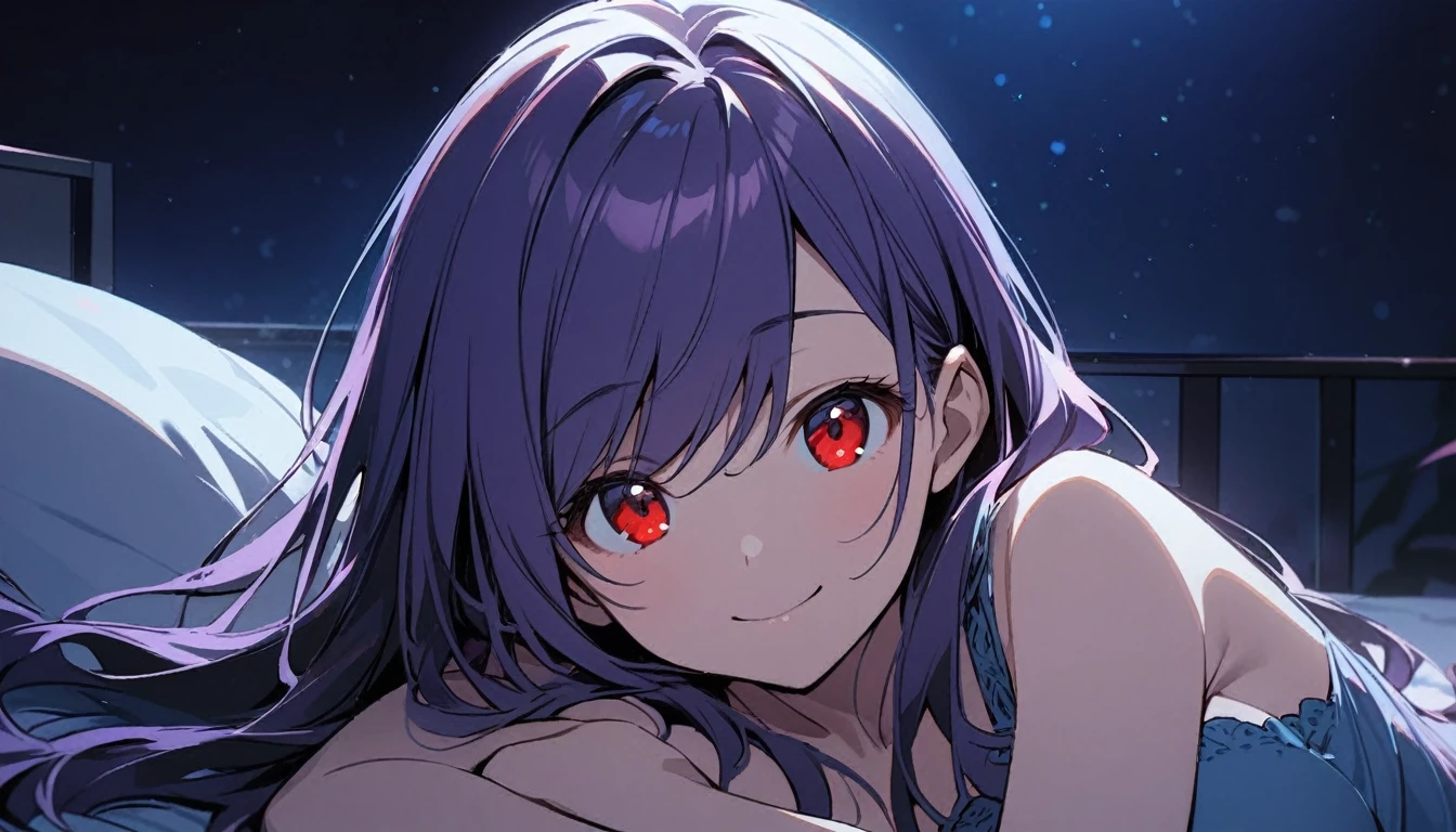 1female,purple hair,long hair,swept bangs,red eyes,tareme,large breasts,smile,upper body,underwear only,lying on bed,bed invitation,side view,looking at viewer,midnight,blue theme