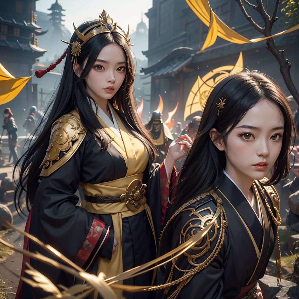 Generate image in medieval fantasy art style, OpenArt SDXL model, In this scene, two characters stand together in a field, Yoyimbo, is a male humanoid creature bound to Rioko, is depicted as a samurai standing 2 meters tall, He wears heavy Japanese yoroi, with a helmet kabuto and mempo mask, in black and white, His mask reveals only the magical yellow glow of his eyes, Beside him is Rioko, a 21 years old, attractive  woman, with an oriental appearance, She has long black hair, stands 1.60 meters tall, and wears a kimono in vibrant red and gold, Both characters are shown in full body, highlighting their connection and presence in this shared creation,