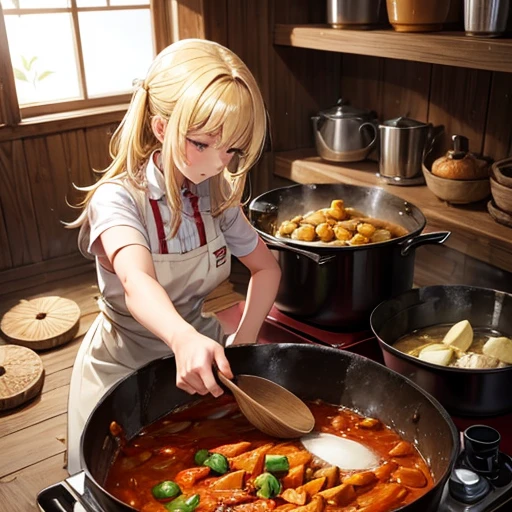 A blonde woman making chanko curry　huge pot