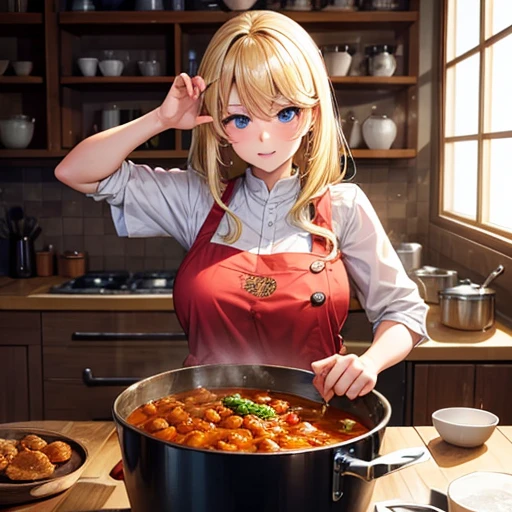 A blonde woman making chanko curry huge pot