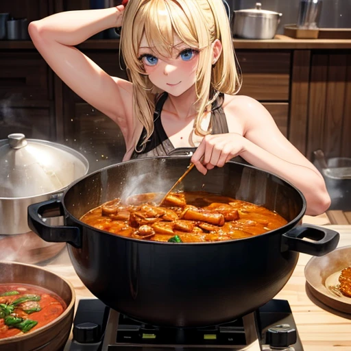 A blonde woman making chanko curry huge pot