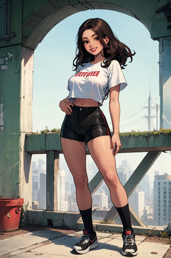 green solid background, 1 woman, best quality, ultra high res, straight hair, full lips, red lipstick, black hair, brown eyes, filipina, black shorts, cropped white t-shirt, short sleeves, smiling at viewers, wearing sneakers, double D breast, standing, full body