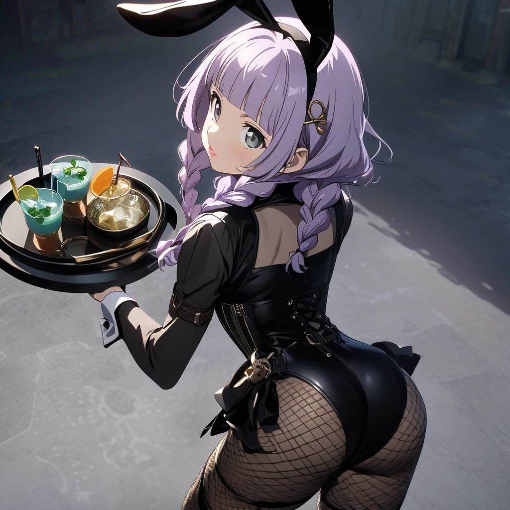 (Cute a girl:1.5), (a girl with closs hair pin, pale purple hair, wavy two braids, blunt bangs hair, green and black eyes, closs hair pin,pink lips,
:1.4), soft cleans,anime visual, (tilt head:1.3), realistic lighting and shading, (an extremely delicate and beautiful art:1.3),muted colors,Steampunk, black playboy bunny Black leather leotard, black fishnet stockings, small ass,, black rabbit ears, carrying a tray with a cocktail in one hand, from behind, looking back at viewer,