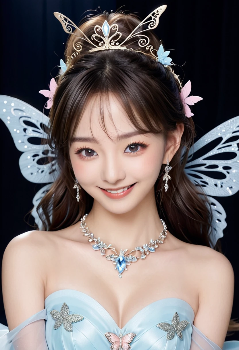 Cowboy Shots、Shot from below、ファッションショーのRunwayで、Beautiful and elegant fashion model、wave hands、Smiling with a captivating expression、A fluffy rainbow-colored fairy-inspired costume、Big butterfly wing gimmick、tiara、necklace、bracelet、Earrings、accessories、gem、Fairy Makeup、Ideal body type、Gorgeous detailed face、Delicate facial features、Beautifully detailed eyes、Long and detailed eyelashes、Elegant and graceful pose、Long, flowing, detailed hair、Smooth and detailed skin、Very detailed、high quality、Real、Studio Lighting、Professional Fashion Photography、Dramatic lighting、Dynamic pose、Runway、Behind the Scenes、Charm、Tempting、Provocative、Impression、Bold、Sophistication、audience