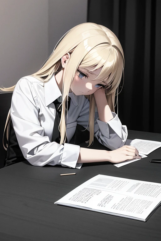 A black and white image of a depressed  blonde girl doing her homework at a table 