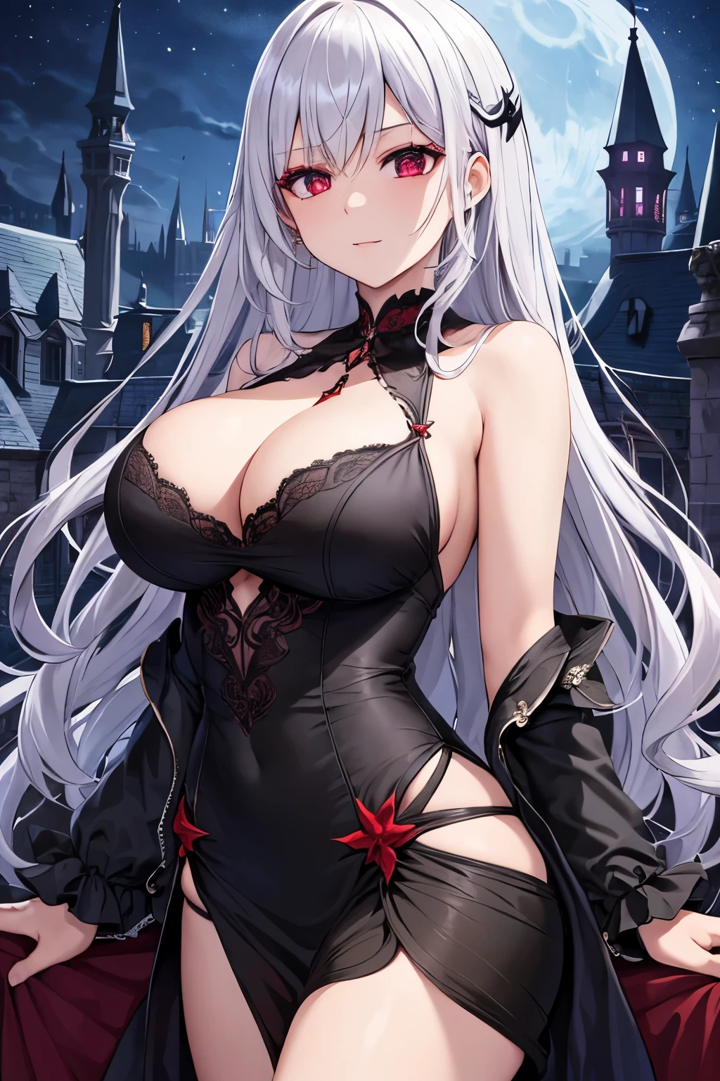 Masterpiece, best quality, beautiful girl, beautiful face, night, moonlit night, castle, vampire, silver hair, red eyes, black dress, big breasts, cleavage, sexy,