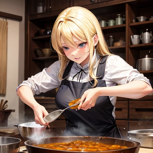 A blonde woman making chanko curry　huge pot