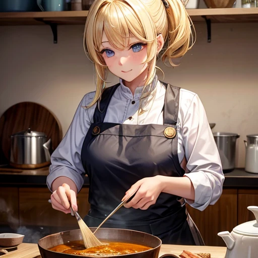 A blonde woman making chanko curry huge pot