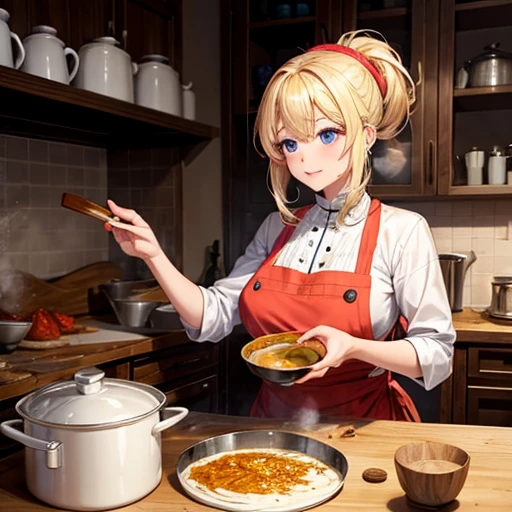 A blonde woman making chanko curry huge pot
