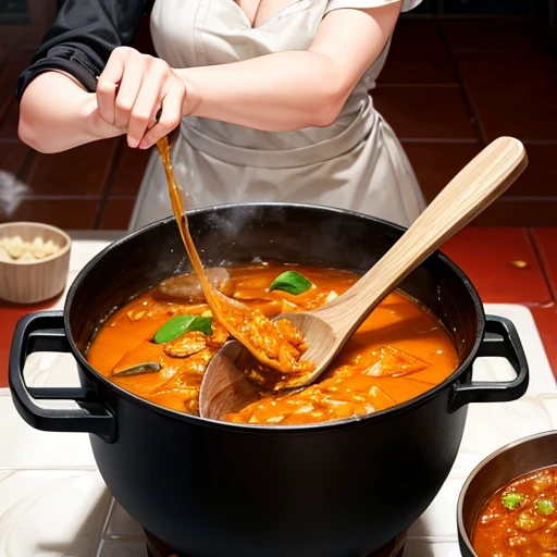 A blonde woman making chanko curry　huge pot