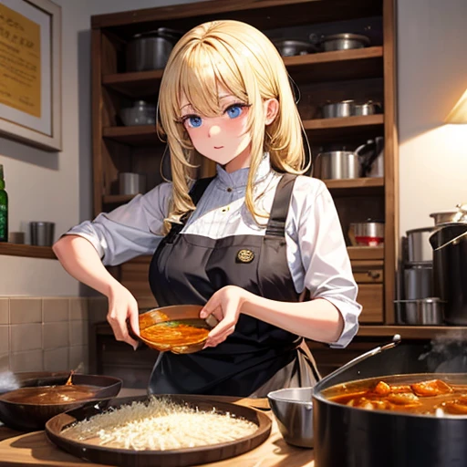 A blonde woman making chanko curry　huge pot