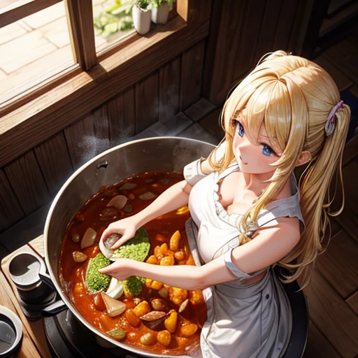 A blonde woman making chanko curry huge pot