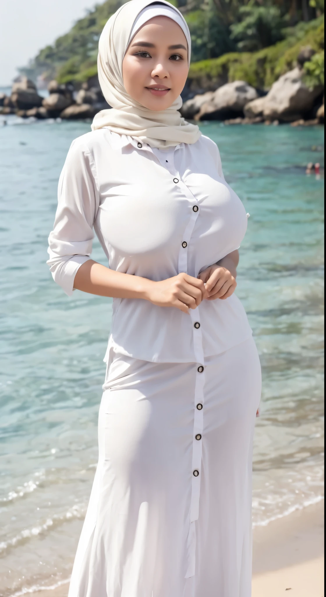 50 years Old, Hijab Indonesian mature woman, Big Tits : 66.9, Gamis, Breast out from her clothes : 1.9, at doctor office, Dark light, at Nighttime