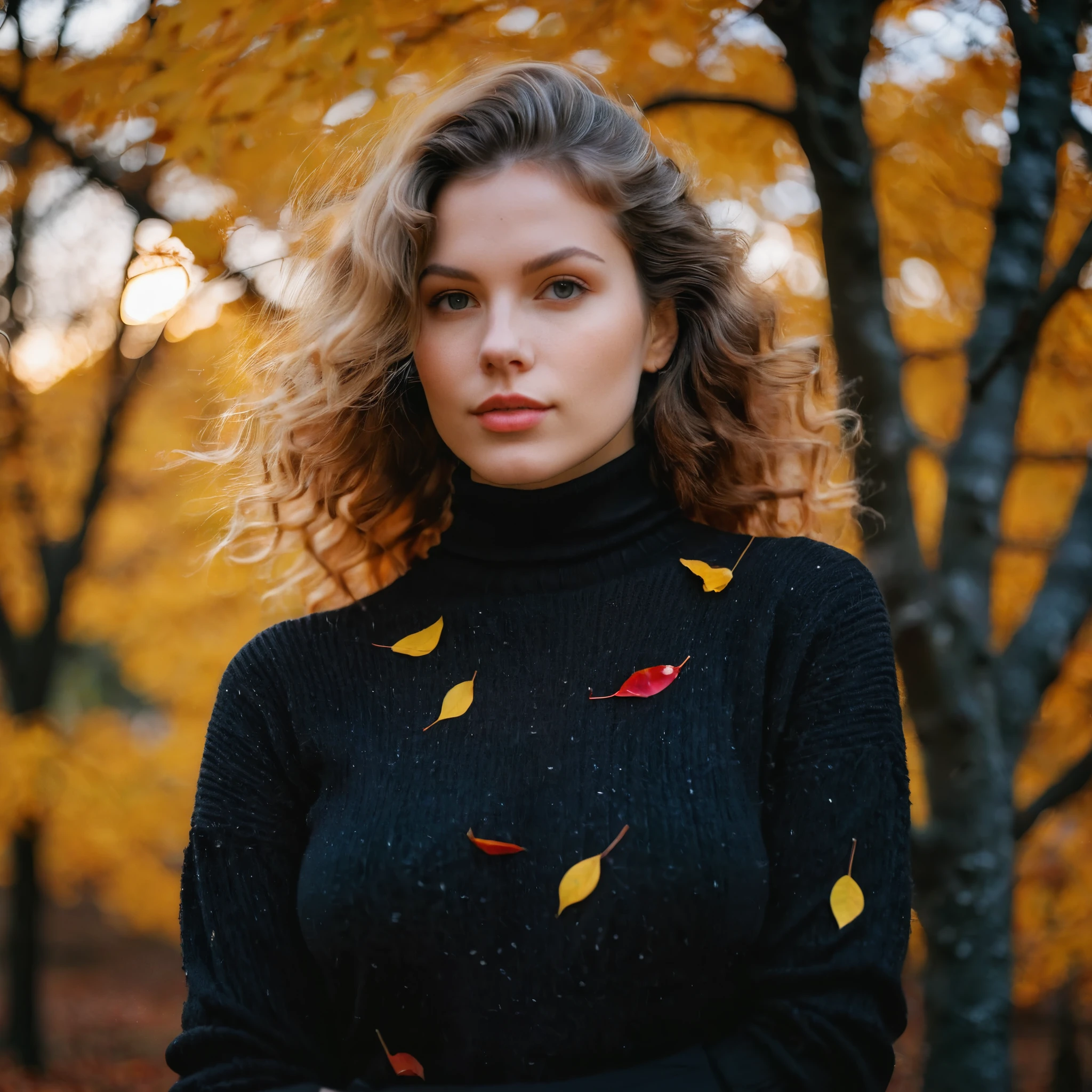 RAW Photo, portrait of European white beautiful girl, natural skin, high detailed skin, sharp eyes, reflection eyes, big breast, natural hair, | black cotton roll-neck sweater, | park, fall, yellow & red leaves, before winter, golden hour, | flashlight, kodak portra 160 120, film camera, Mamiya rz67 pro ii