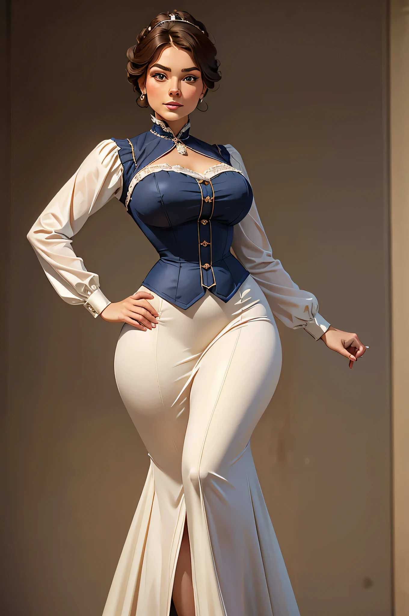 A beautiful aristocratic woman with soft facial features who embodies old-fashioned class, sophistication, elegance and also healthy, natural beautiful. curved, Waist slender, Broad Hips, Hips swaying. Opulent, Historically Accurate Victorian Dress. greg