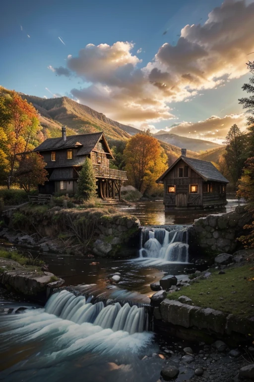 Photo realistic; water flowing over water wheel. That is attached to an old house by a river. There are  snow covered mountains with a big waterfall and in an autumn forest of trees. Sunset if in the background with warm colors and big fluffy clouds. 