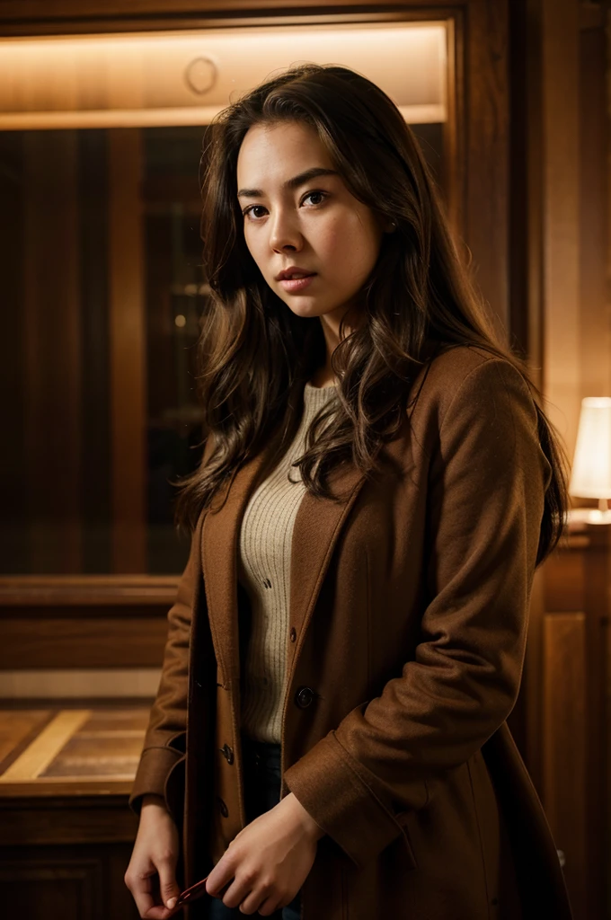 Jessica Henwick with long brown hair, wearing a brown overcoat, red shirt, and black jeans, elegant portrait, photorealistic, highly detailed, 8K, HDR, cinematic lighting, warm colors, natural, realistic, character portrait, detailed facial features, expressive eyes, cinematic atmosphere, high quality, masterpiece