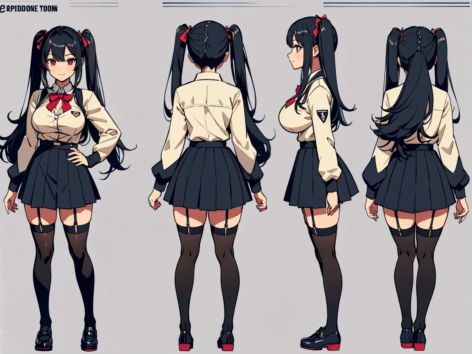 woman, student, sexy body, curvy body, big breasts, cleavage, red eyes, long straight black hair, ((twintail hairstyle)), big hip, ((stockings, garter belts, student uniform, school-uniform)), smiling, beautiful face, detailed face, very detailed, beautiful eyes, full body, full body shot, high quality, detailed background, high resolution, 8k resolution, ultra high detail, character sheet, front side back view