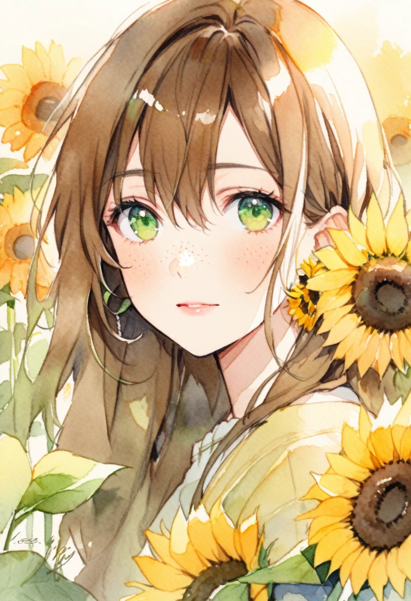 (watercolor:1.2),1girl, solo, flower, sunflower,freckles, portrait, leaf, bangs, signature, yellow flower, brown hair, long hair, green eyes, hair between eyes, flower earrings