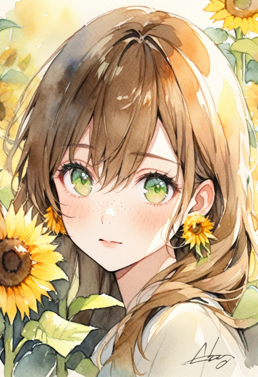 (watercolor:1.2),1girl, solo, flower, sunflower,freckles, portrait, leaf, bangs, signature, yellow flower, brown hair, long hair, green eyes, hair between eyes, flower earrings