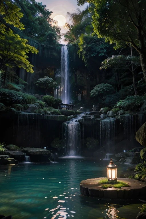 Illustrate an enchanted forest pool surrounded by ancient, moss-covered trees, a beautiful house and glowing bioluminescent plants. The pool's surface is adorned with floating lanterns, and a cascading waterfall feeds into it. In the background, a full moon casts a magical glow over the entire scene