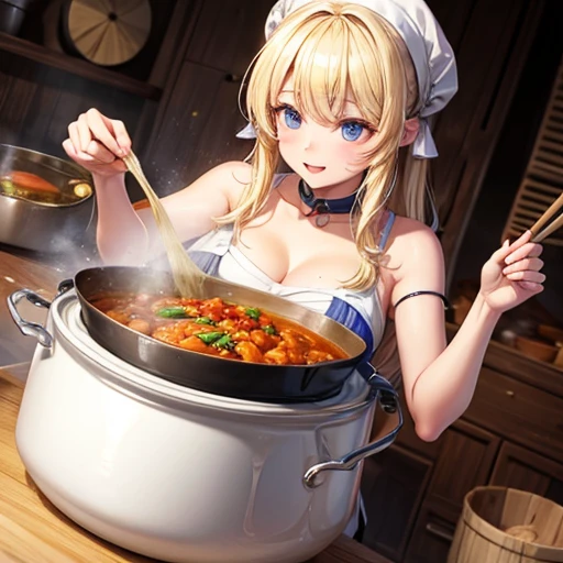 A blonde woman making chanko curry huge pot